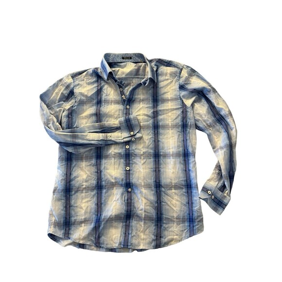 Bugatchi Uomo Men's Blue Linen Plaid Short Sleeve Classic Fit Button Up L Shirt - Picture 11 of 15